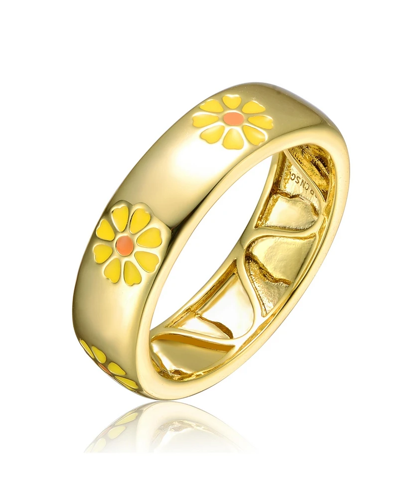 GiGiGirl 14k Yellow Gold Plated with & Orange Enamel Daisy Stacking Band Ring for Kids/Teens