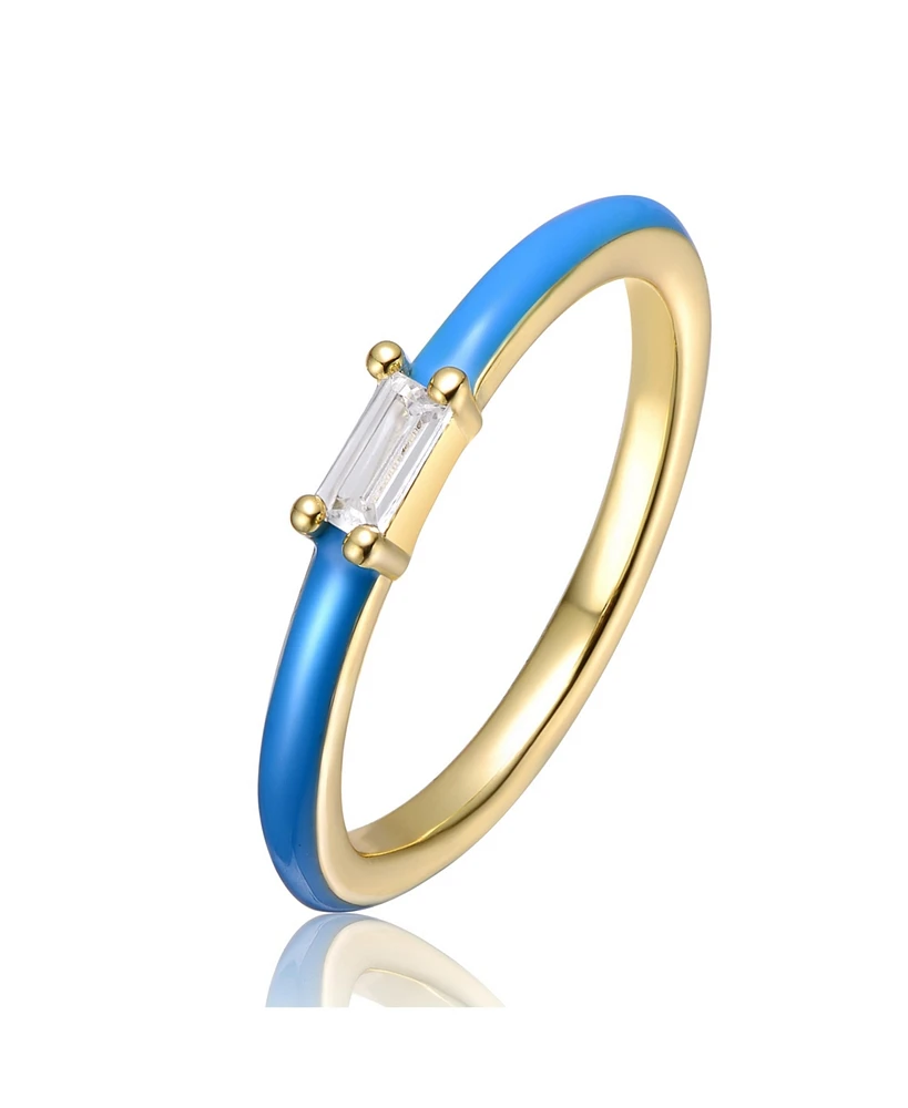 GiGiGirl Kids/Teens 14k Yellow Gold Plated with Cubic Zirconia Baguette Solitaire Magenta-Blue Enamel Slim Stacking Ring