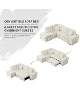 Streamdale Furniture 87.7" Sectional Pull Out Sofa Bed With Storage Ottoman, 2 Throw Pillow, Stools, Usb