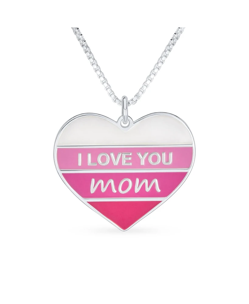 Bling Jewelry Stripe Pink Enamel Heart Inspirational Message Words I love You Mom Heart Necklace Pendant For Women Mother .925 Sterling Silver