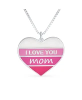 Bling Jewelry Stripe Pink Enamel Heart Inspirational Message Words I love You Mom Heart Necklace Pendant For Women Mother Sterling Silver