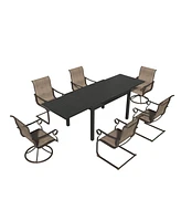 Mondawe 7-Piece Dining Set For Extra Large Aluminum Telescopic Table,2 Pcs Steel Textiliene Swivel Chairs and 2 Pcs Steel Textiliene Spring Chairs