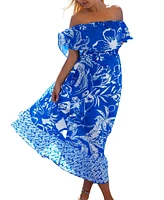 Cupshe Women's Blue Floral Off-Shoulder Maxi Beach Dress