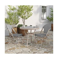 Merrick Lane Mael Bistro Style Table With Tempered Glass Top, Textilene, And Bamboo Finished Metal Frame For Indoor/Outdoor Use