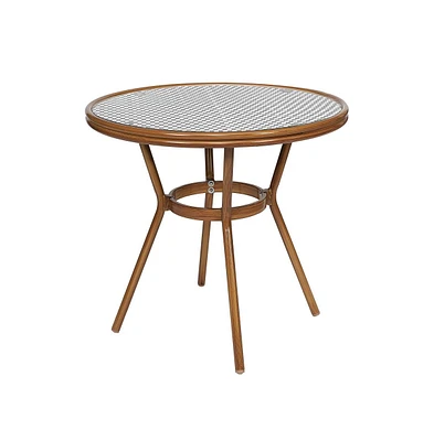 Merrick Lane Celia French Bistro Style Table With Tempered Glass Top, Pe Rattan, And Bamboo Finished Metal Frame For Indoor/Outdoor Use