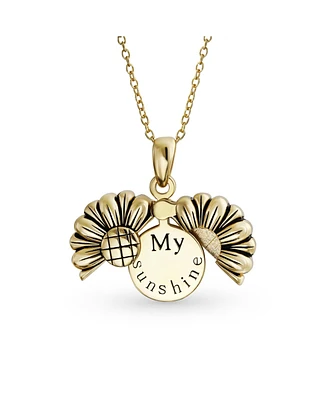 Bling Jewelry Personalize Floral Flower Inspirational Saying My Sunshine Words Sunflower Open Locket Pendant Necklace Girlfriend 14K Gold Plated Sterl