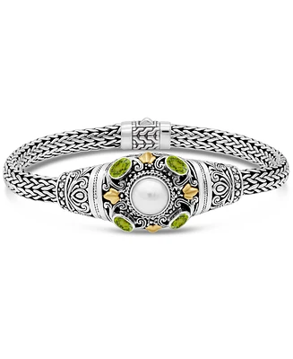 Devata Peridot, Freshwater Cultured Pearl & Bali Filigree with Dragon Bone Oval 5mm Chain Bracelet Sterling Silver and 18K Gold
