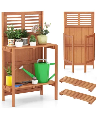 Costway Wood Potting Bench Waterproof Garden Table with 2-Tier Open Storage Shelf