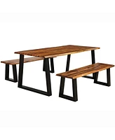 Gymax Picnic Table Set Acacia Wood 3 Piece Table Bench Outdoor Patio