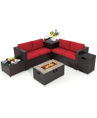 Gymax 6 Piece Patio Sofa & Fire Table Set Outdoor Rattan Sectional Sofa Set w/ Storage Box Red