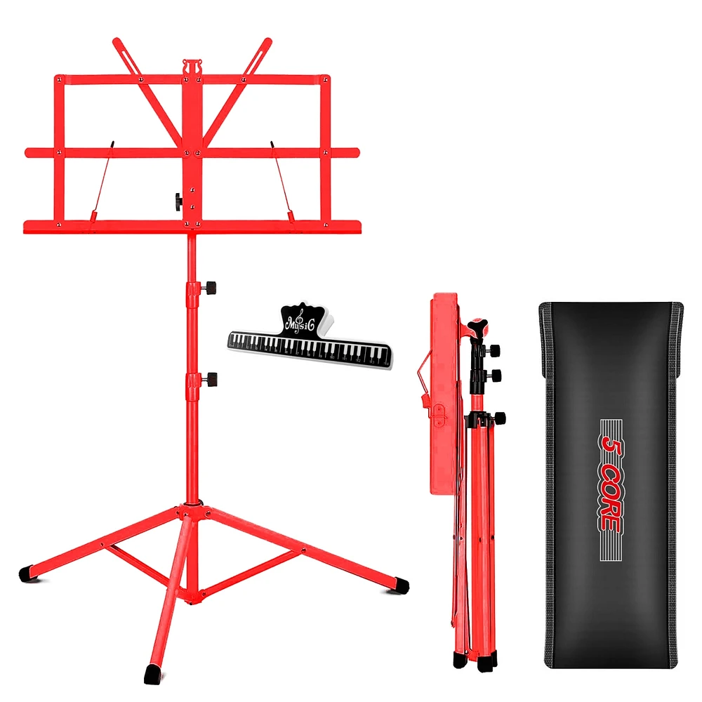5 Core Sheet Music Stand Red; Portable Foldable Music Note Holder; Height Adjustable Tripod Stands - Mus Fld Red