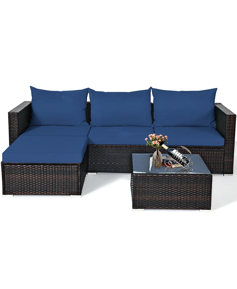 Gymax 5PCS Cushioned Rattan Patio Conversation Set w/ Ottoman Navy Cushion