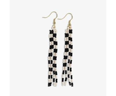 Ink + Alloy June Mini Checked Pattern Petite Beaded Fringe Earrings Multi-Check