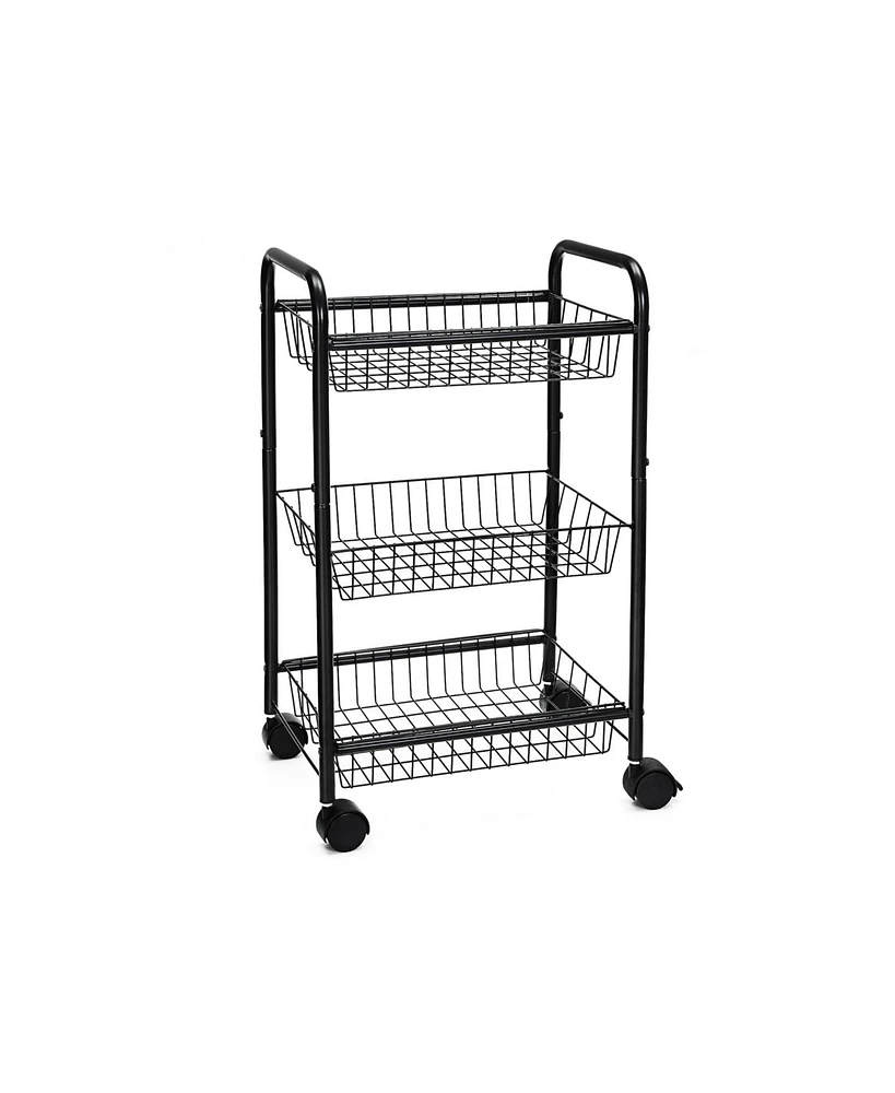 Slickblue 3-tier Metal Rolling Cart On Wheels With Baskets, Lockable Utility Trolley With Handles