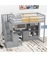 Twin Loft Bed With L-Shaped Desk And Drawers, Cabinet Storage Staircase