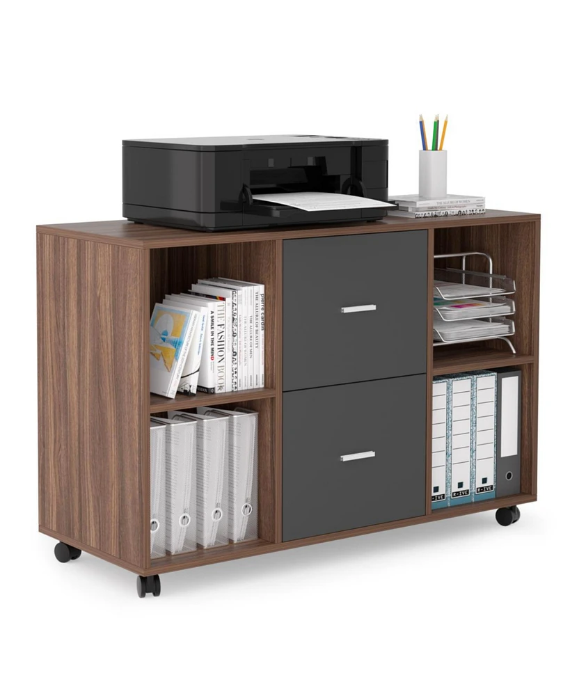 Simplie Fun Mobile Filing Cabinet With 2 Drawers And 4 Open Storage Cabinets, Walnut-Dark Gray