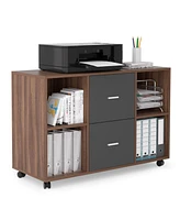 Simplie Fun Mobile Filing Cabinet With 2 Drawers And 4 Open Storage Cabinets, Walnut-Dark Gray