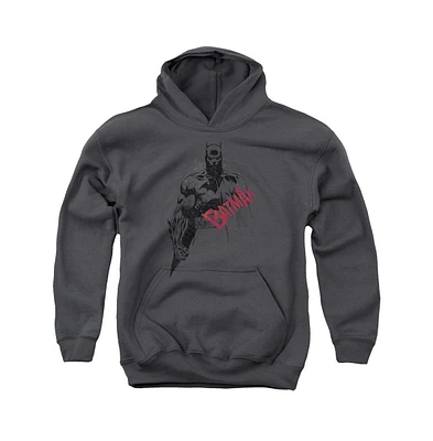 Batman Boys Youth Sketch Bat Red Logo Pull Over Hoodie / Hooded Sweatshirt