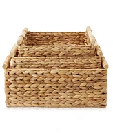 Casafield (Set of 3) Water Hyacinth Rectangular Storage Baskets with Wooden Handles - Small, Medium, Large Woven Nesting Baskets - Natural