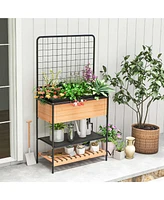 59" Raised Wooden Garden Bed with Metal Trellis Open Storage Shelves Drain Holes