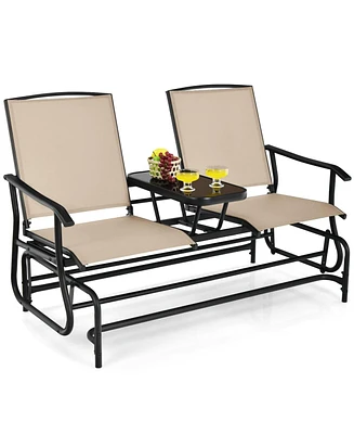 Sugift 2-Person Double Rocking Loveseat with Mesh Fabric and Center Tempered Glass Table