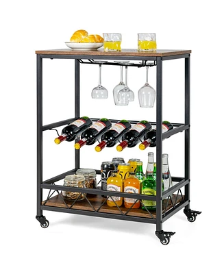 Sugift Kitchen Bar Cart Serving Trolley on Wheels with Wine Rack Glass Holder