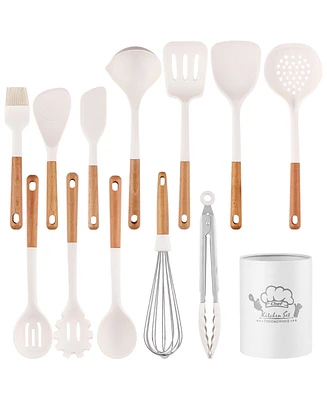 Sugift 13-Piece Silicone Kitchen Utensils with Wooden Handles Set