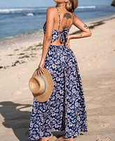 Cupshe Women's Blue Floral Sweetheart Twist & Keyhole Maxi Beach Dress