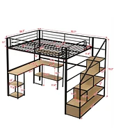 Streamdale Furniture Full Size Metal Loft Bed With Staircase, Built-In Desk And Shelves