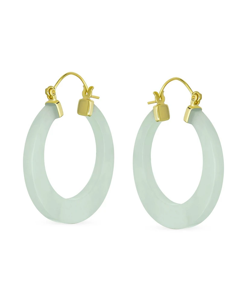 Bling Jewelry Light Green Natural Jade Green Round Bamboo Jade Hoop Earrings For Women Gold Plated Sterling Silver 1.2 Inch Diameter