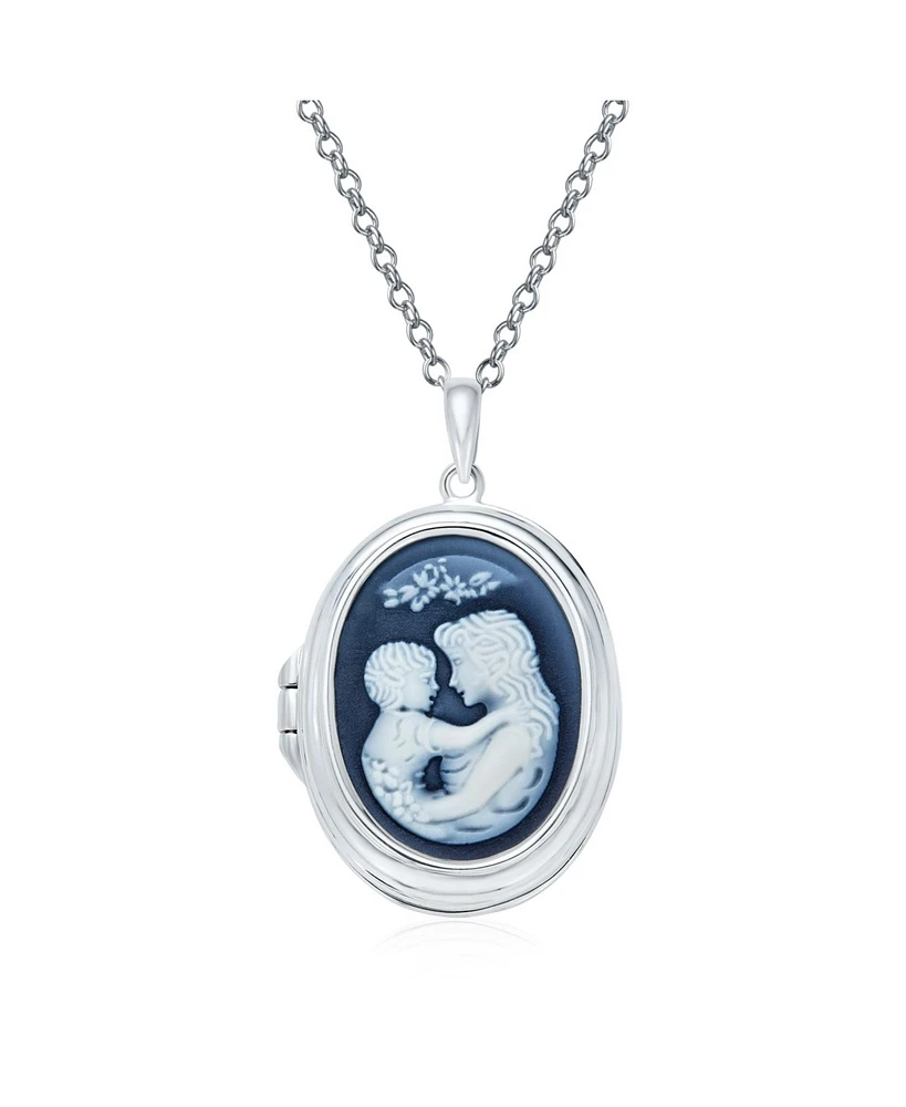 Bling Jewelry Victorian Style Blue White Carved Loving Family Mother and Child Cameo Photo Locket Pendant Son Daughter Necklace Sterling Silver Women