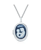 Bling Jewelry Victorian Style Blue White Carved Loving Family Mother and Child Cameo Photo Locket Pendant Son Daughter Necklace Sterling Silver Women
