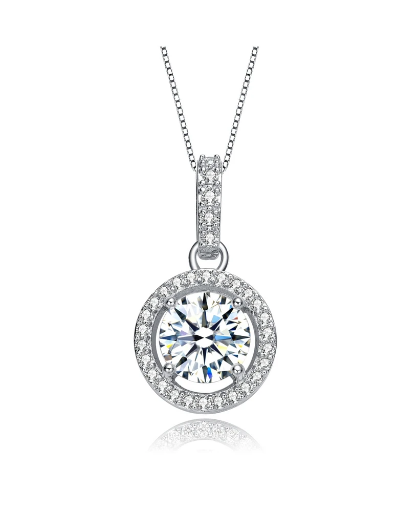 Rachel Glauber White Gold Plated with Cubic Zirconia Solitaire Halo Drop Pendant Necklace