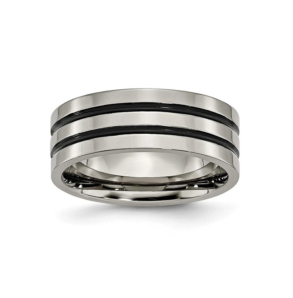 Chisel Titanium Polished Black Enamel Grooved Flat Wedding Band Ring