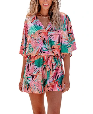 Cupshe Women's Tropical Surplice Belted Flared Leg Romper