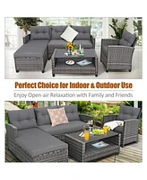 Sugift 4 Pieces Patio Rattan Furniture Set with Cushion and Table Shelf