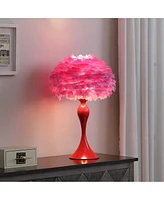 Streamdale Furniture 18.25"In Medium Pink Feather Aquina Glaze Red Metal Contour Glam Table Lamp