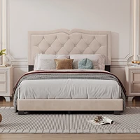 Full Upholstered Bed Frame With Rivet Design, Modern Velvet Platform Tufted Headboard
