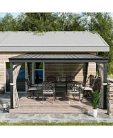 Mondawe 12x14 ft Wall-Mounted Hardtop Gazebo with Aluminum Frame, Galvanized Steel Roof, Sunroom, Curtain, and Netting