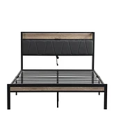 Metal Platform Bed Frame with Upholstery Headboard and Storage