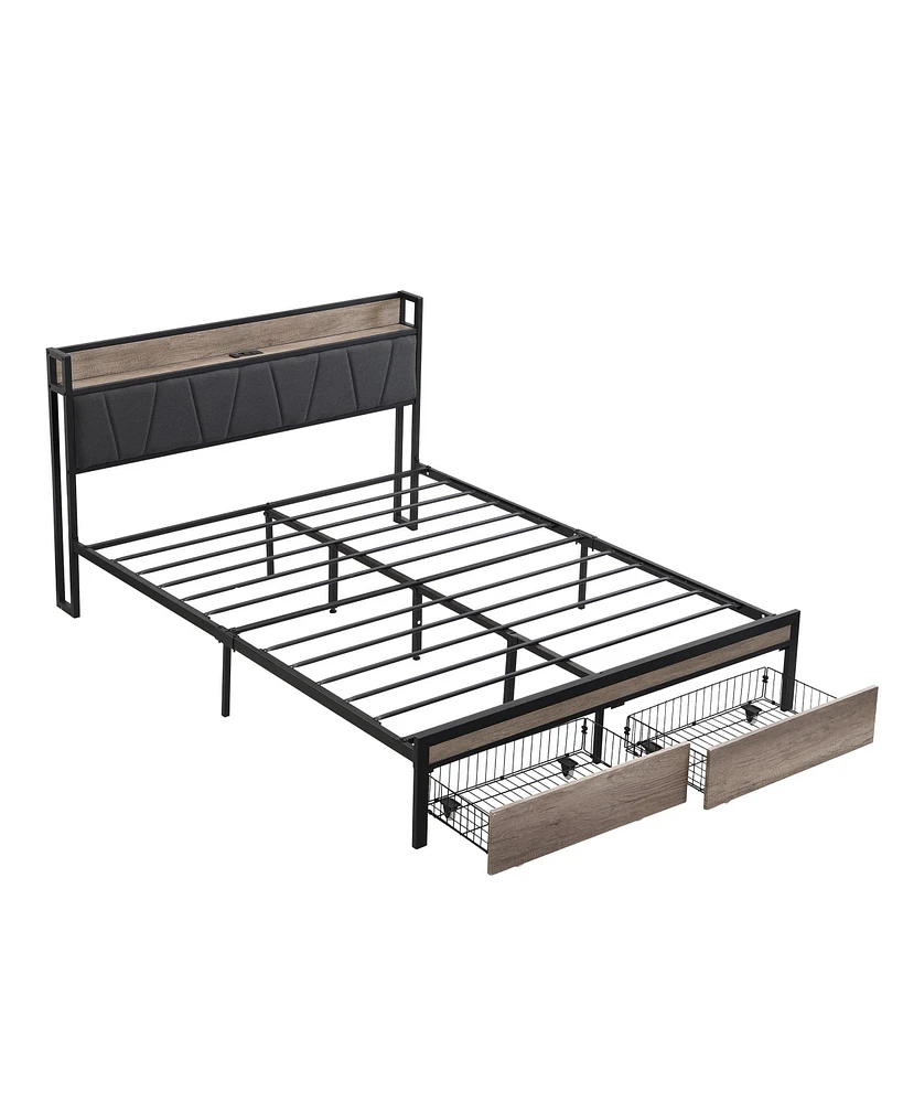 Simplie Fun Queen Size Metal Platform Bed Frame with Storage and Usb Headboard