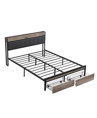 Simplie Fun Queen Size Metal Platform Bed Frame with Storage and Usb Headboard