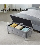 Grey Tufted Storage Ottoman Bench With Crystal Buttons