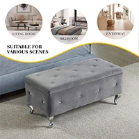 Streamdale Furniture Grey Tufted Storage Ottoman Bench With Crystal Buttons