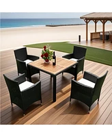 5-Piece Outdoor Wicker Dining Set with Acacia Wood Top