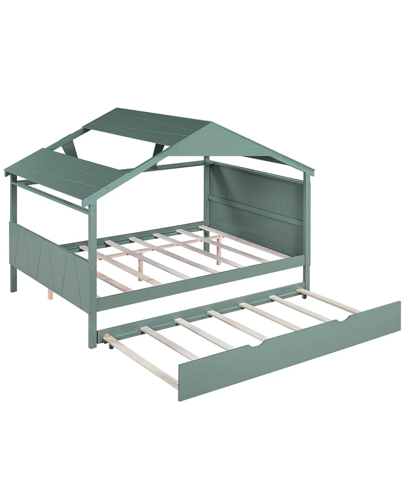 Simplie Fun Wood Full House Bed With Twin Trundle And Storage