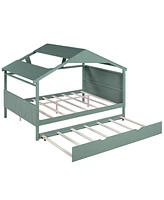 Simplie Fun Wood Full House Bed With Twin Trundle And Storage