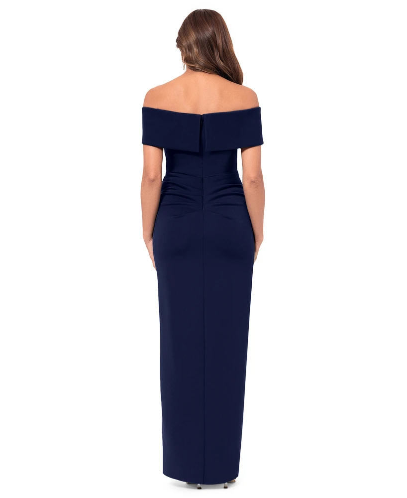 Xscape Women's Off-The-Shoulder Ruched Side-Slit Gown