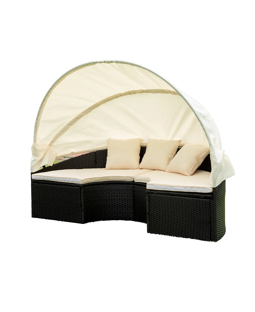 Simplie Fun Outdoor Round Daybed with Retractable Canopy - Black/Creme