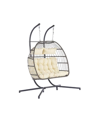Simplie Fun 2 Person Outdoor Rattan Hanging Chair Patio Wicker Egg Chair